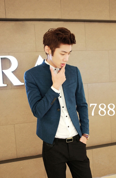 เสื้อสูทแฟชั่น พร้อมส่ง สีฟ้าเข้ม คอปกเหลี่ยม แขนยาว สไตล์เท่ห์ ใส่ทำงาน ใส่ออกงาน เสื้อสูทผู้ชาย