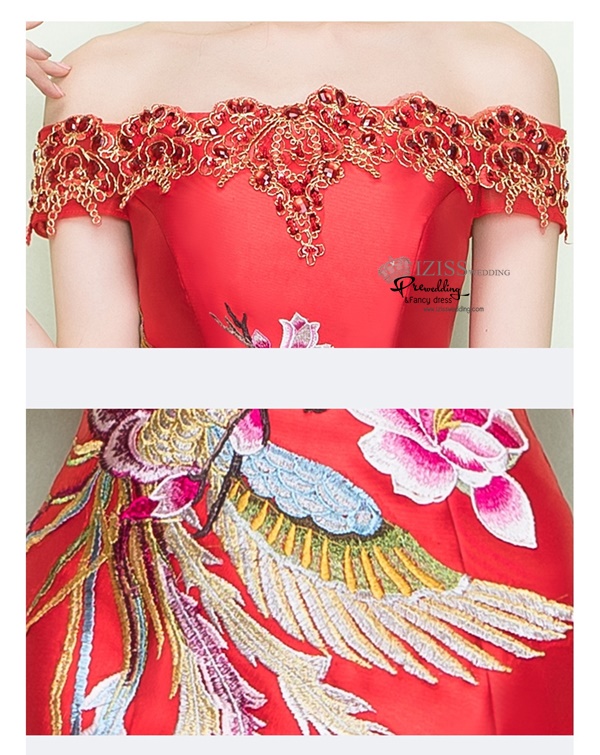 PW615- **พร้อมส่งสีแดง**ชุดกี่เพ้ายาวไหล่ปาด ชุดยกน้ำชา ชุดถ่ายพรีเวดดิ้ง (prewedding dress) & ชุดแต่งงานแฟนซี (Fancy wedding dress) "ธีมสีแดง"