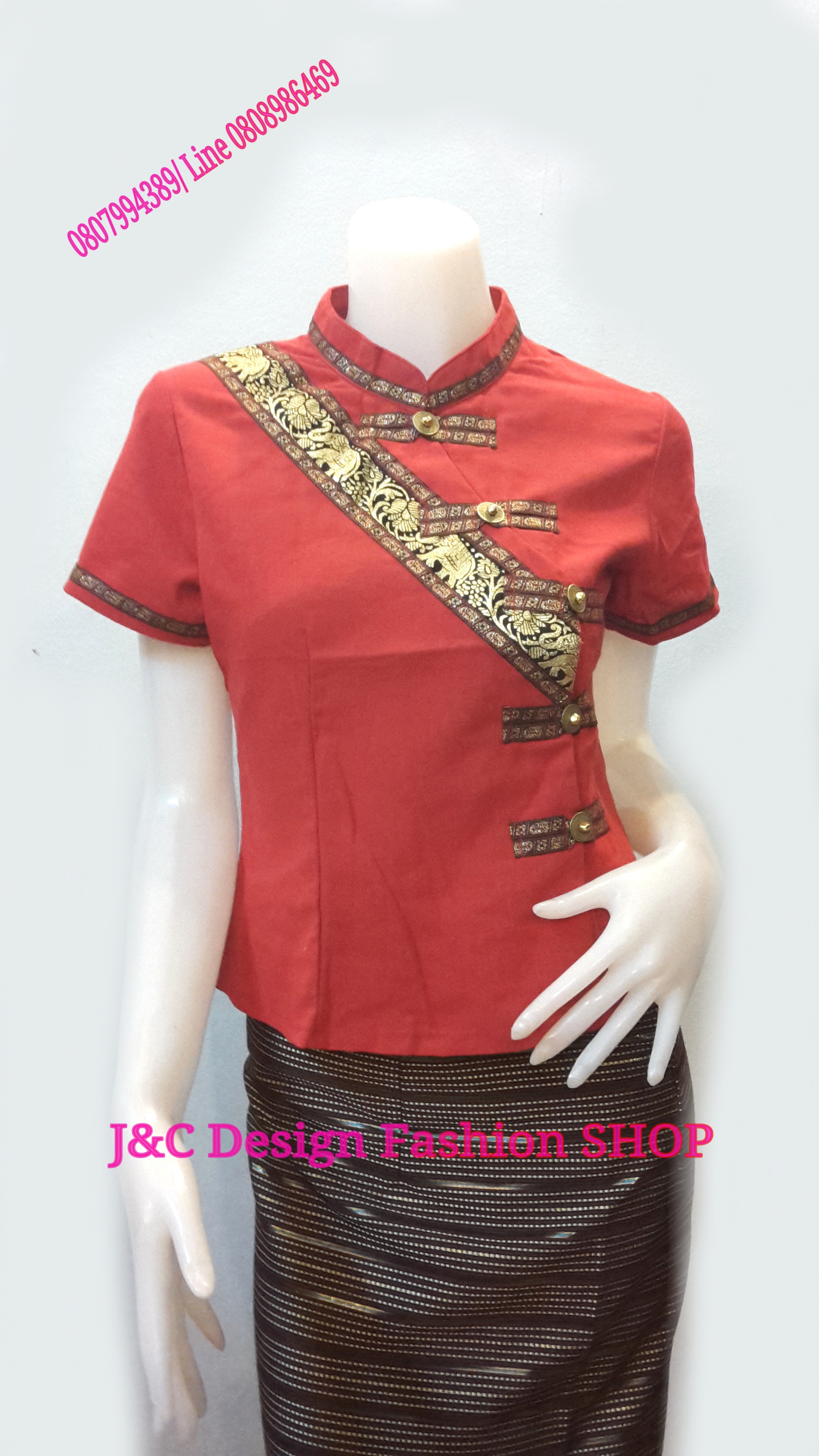 เสื้อผ้าไทยสีแดง เสื้อผ้าฝ้าย เสื้อใส่ผ้าซิ่น เสื้อผ้าฝ้ายสีฟ้าคอจีนกระดุมเฉียง