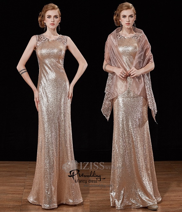 T028 **พรีออเดอร์ชุดราตรี+ผ้าคลุมไหล่**ชุดเลื่อมราตรียาวสีแชมเปญ พร้อมผ้าคลุมไหล่ปักลายหรู แขนกุด ดีเทลซีทรูช่วงไหล่ ด้านข้างลำตัว และด้านหลัง ใช้ผ้าผสมลายปักสวยงามหรูหราไฮโซมากๆ ค่ะ