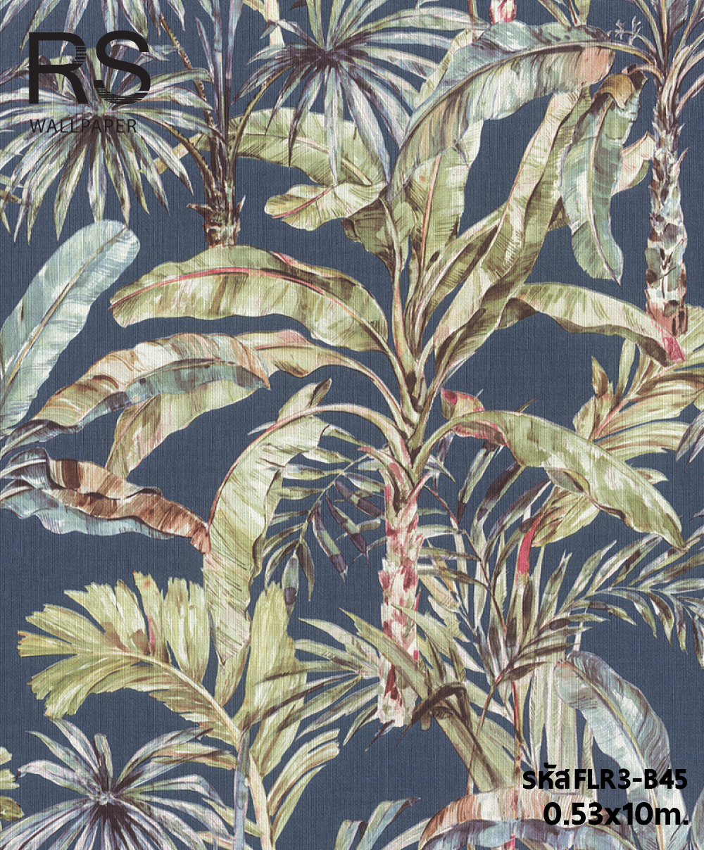 วอลเปเปอร์ลายใบไม้ ใบกล้วย สีพื้นน้ำเงินเข้ม(Tropical Style) FLR3-B45
