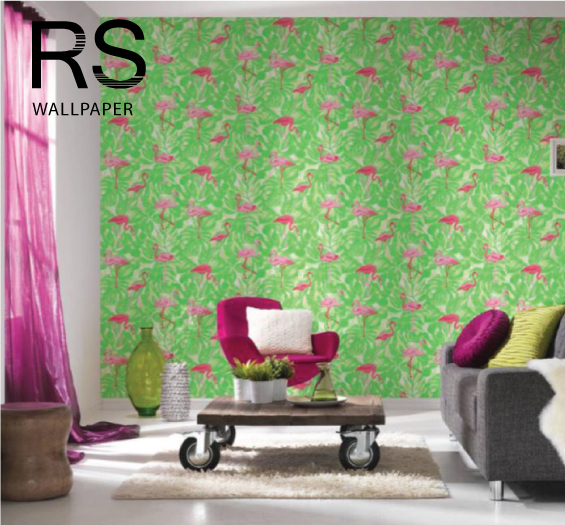 วอลเปเปอร์ลายนกฟามิงโก้สีชมพูพื้นเป็นใบไม้สีเขียวสด (Tropical style) MTS-M06