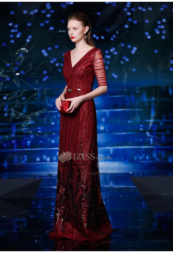 T004 **พรีออเดอร์ชุดราตรีเลื่อมสีแดง**ชุดราตรีเลื่อมยาวสีแดงไวน์ แขนสั้น สวยงามหรูหราไฮโซมากๆ ค่ะ