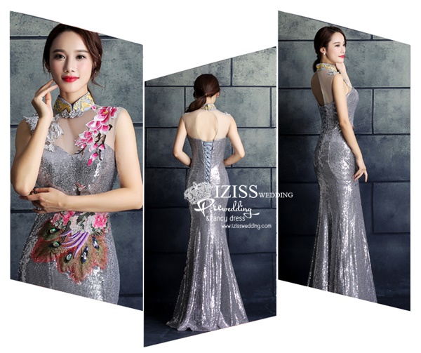 PW520- **พรีออเดอร์สีเทาเงิน**ชุดเลื่อมกี่เพ้ายาว ชุดยกน้ำชา ชุดถ่ายพรีเวดดิ้ง (prewedding dress) & ชุดแต่งงานแฟนซี (Fancy wedding dress) "ธีมสีเทาเงิน"