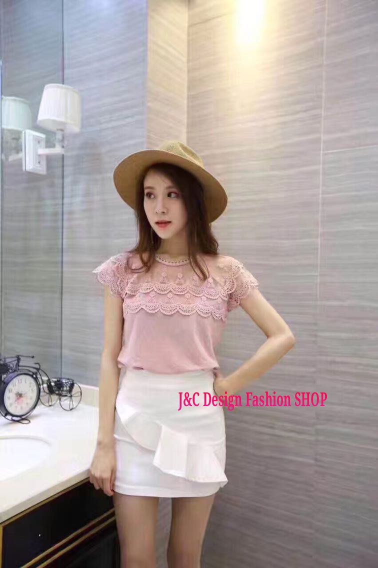 เสื้อทำงานชีฟองเกาหลีสีชมพูแต่งผ้าลูกไม้ตาข่าย เสื้อชีฟองเกาหลีแต่งลูกไม้ เสื้อทำงานเกาหลีคอแต่งโบว์ เสื้อสมัครงาน ชุดสมัครงาน เสื้อลูกไม้เกาหลีใส่กับผ้าถุง เสื้อลูกไม้จากจีนใส่กับผ้าซิ่น