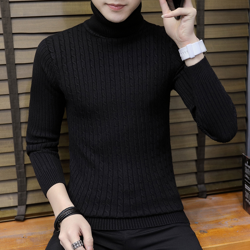 พร้อมส่ง เสื้อไหมพรมผู้ชาย สีดำ คอเต่า ลายเคเบิ้ลเล็ก แขนยาว เนื้อผ้ายืดหยุ่นได้ดีมาก ใส่กันหนาว เสื้อสเวตเตอร์ผู้ชาย