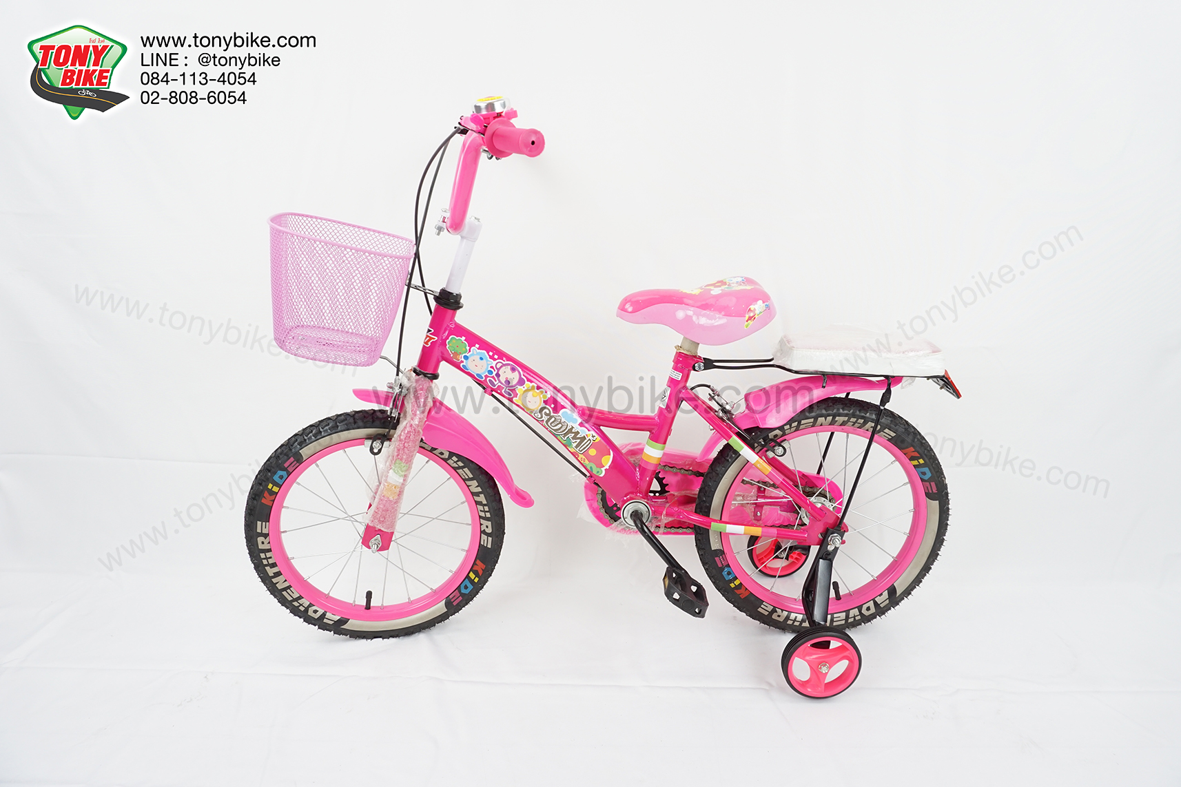 จักรยานเด็ก ล้อ 16 นิ้ว แฮนด์สูง เบาะหลัง มีล้อพ่วงข้าง สีชมพู