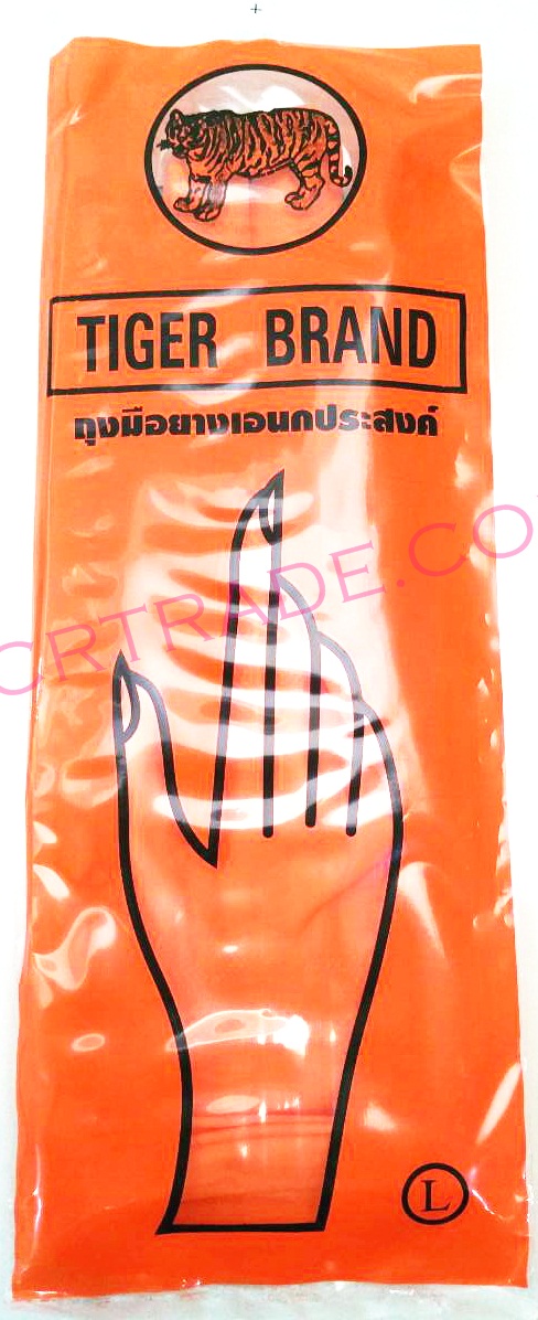 ถุงมือยางสีส้ม เบอร์ L ตราเสือ
