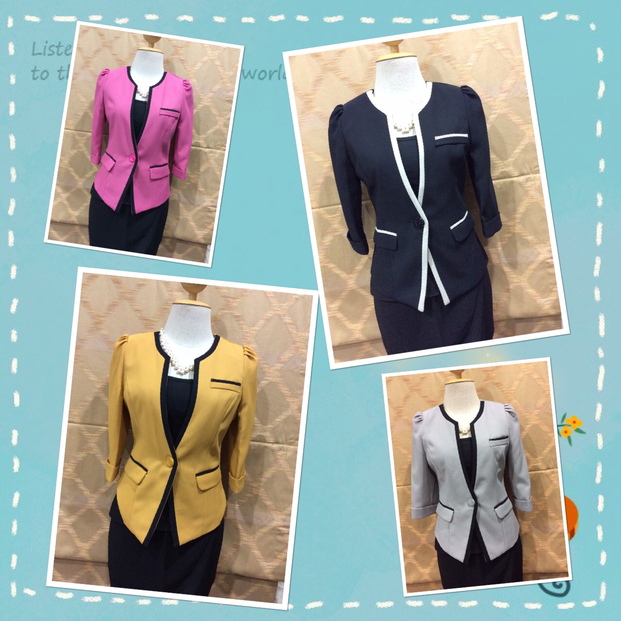 สูทสไตน์เกาหลี หรูเรียบ สูทเกาหลี เสื้อทำงานเกาหลีดีไซน์เก๋ เสื้อคลุมเกาหลี เสื้อสูทนำเข้า สูทคลุมเกาหลีแขนสามส่วนสีเทาครีมขลิบกุ้นสีดำแต่งกุ้นขลิบสีดำที่อก