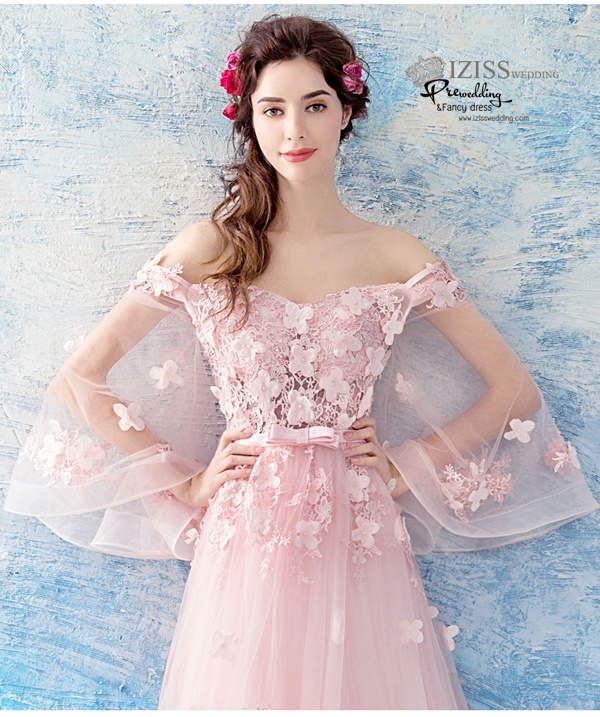 DL070 - **พรีออเดอร์** ชุดราตรี เดรสยาวออกงาน (Night party dresses) ชุดไปงานแต่งงานสวยๆ "ธีมสีชมพูแต่งดอก 3D"