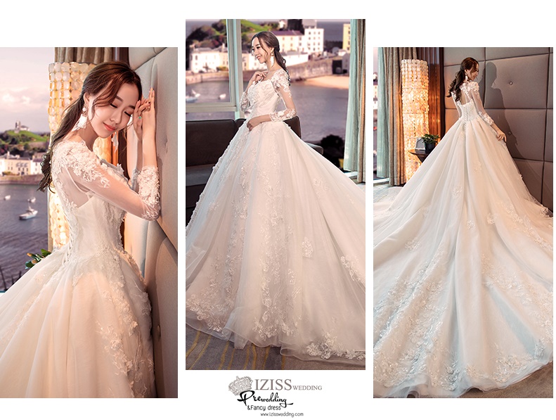 BR341 **พรีออเดอร์**ชุดแต่งงาน&ชุดเจ้าสาวแบบยาวอลังการ สีขาวเกรดพรีเมี่ยม หรูหราน่ารัก สวยโดดเด่นไม่ซ้ำใคร