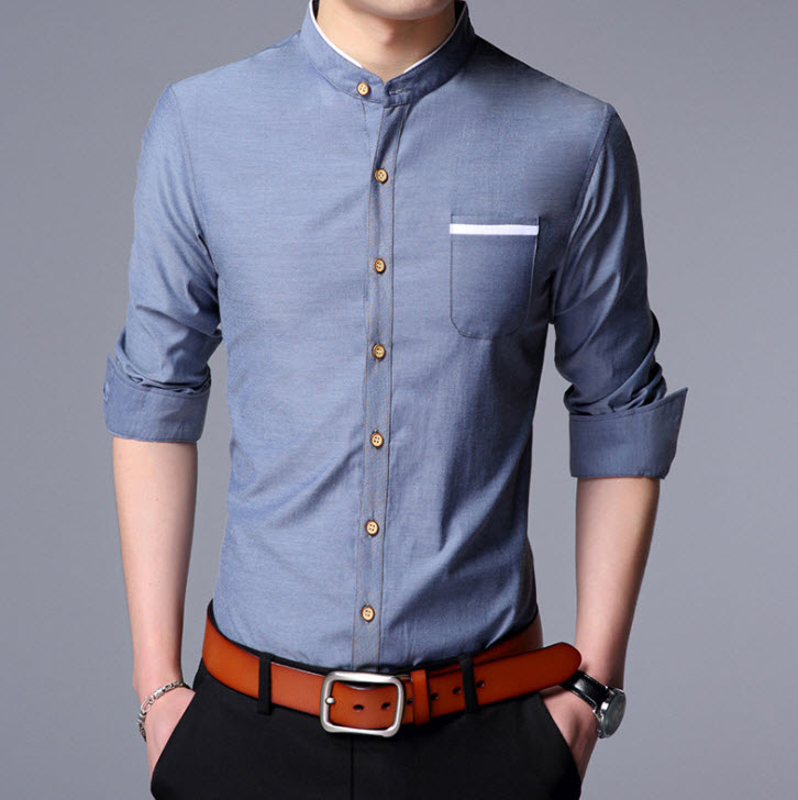 พร้อมส่ง เสื้อเซิ้ตผู้ชาย สีน้ำเงิน คอจีน แต่งสีขาวที่ขอบคอเสื้อ และกระเป๋า แขนยาว เสื้อเซิ้ตแขนยาว