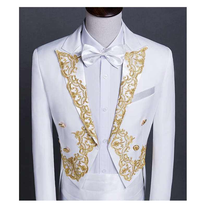 ST132- **พรีออเดอร์**สูททักสิโด้ผู้ชายสีขาว สูททักซิโด้สีดำ แขนยาว พร้อมแถบคาดเอว และกางเกง ชุดสูทเจ้าบ่าว สูทแฟนซี ถ่ายพรีเวดดิ้ง & ชุดแต่งงานแฟนซี (Fancy wedding dress) สูททักสิโด้ผู้ชายสีขาวและสีดำ