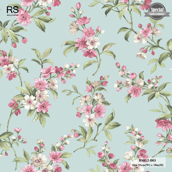 วอลเปเปอร์ลายดอกไม้ สีชมพู พื้นสีเขียวอ่อนอมสีฟ้าอ่อน BMG2-B03