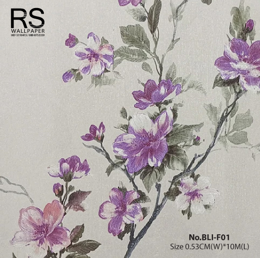 วอลเปเปอร์ ลายดอกไม้สีม่วง พื้นสีขาวครีม No.BLI-F01