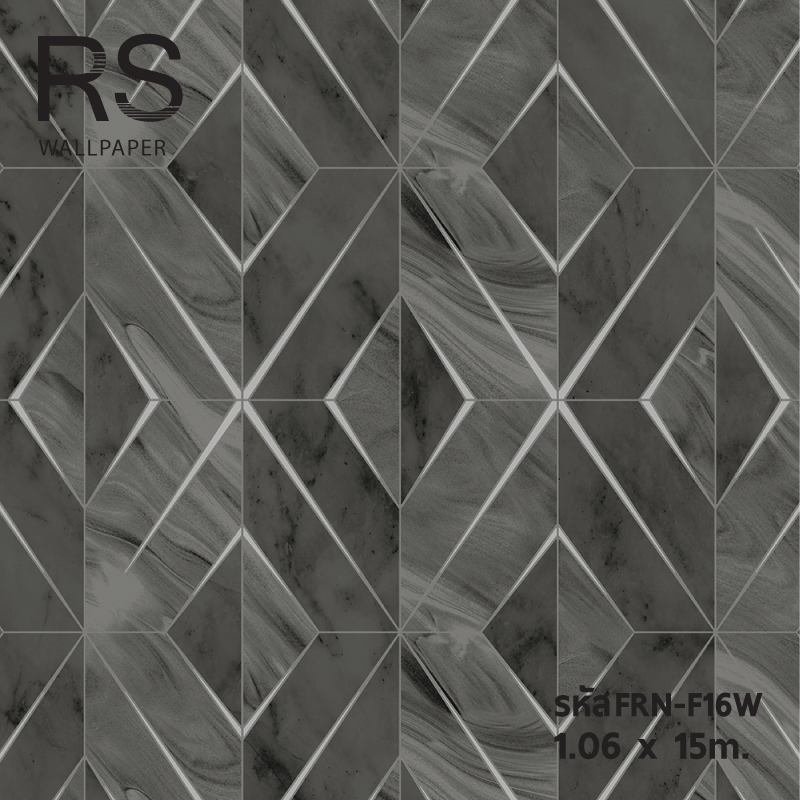 วอลเปเปอร์ลายหินอ่อน ทรงข้าวหลามตัด สีเทาดำ ขอบเงิน FRN-F16W