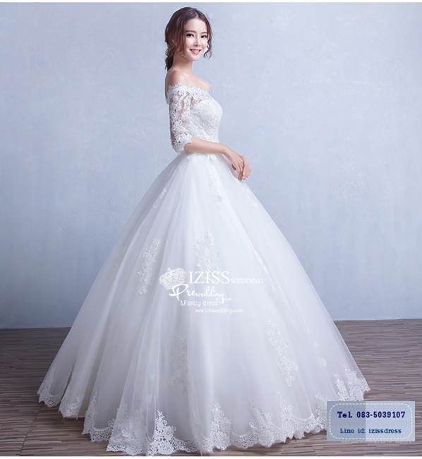 ฺBR105 **พรีออเดอร์**ชุดแต่งงาน&ชุดเจ้าสาวแบบยาวสีขาวเกรดพรีเมี่ยม เปิดไหล่ มีแขน หรูหราน่ารัก สวยโดดเด่นไม่ซ้ำใคร