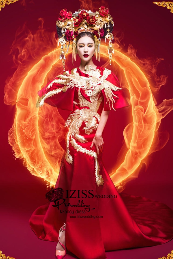 PW584- **พร้อมส่งเฉพาะชุดผู้หญิงค่ะ**ชุดราตรี ชุดแฟนซีกี่เพ้าประยุกต์ ชุดคู่ถ่ายพรีเวดดิ้ง (prewedding dress) & ชุดแต่งงานแฟนซี (Fancy wedding dress)ชายหญิง "ธีมสีแดง แดงเลือดหมู"