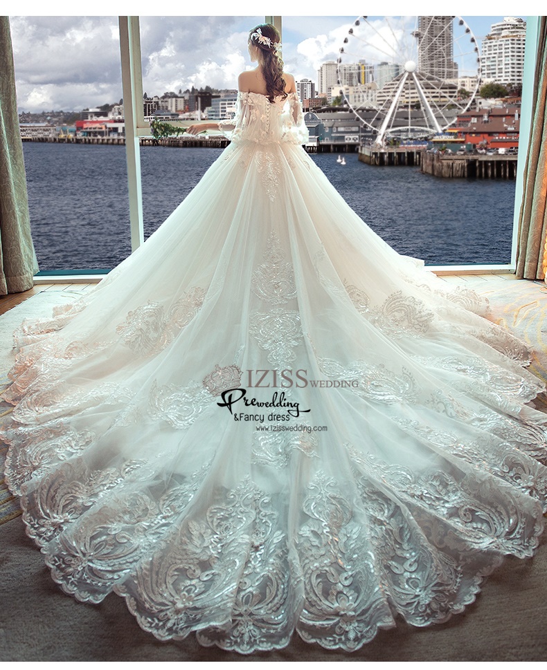 BR337 **พรีออเดอร์**ชุดแต่งงาน&ชุดเจ้าสาวแบบยาวอลังการ สีขาวเกรดพรีเมี่ยม หรูหราน่ารัก สวยโดดเด่นไม่ซ้ำใคร