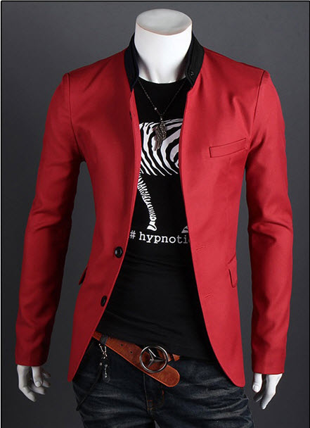พร้อมส่ง เสื้อสูท ผู้ชาย สีแดง แขนยาว คอจีน แต่งคอ กระดุมหน้า ใส่ทำงาน ใส่ลำลอง ใส่เท่