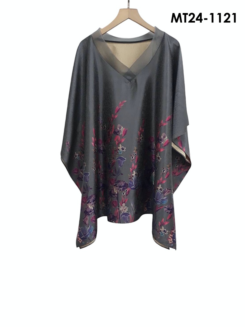 MT24-1121 ไหมจีนคอวีแก้วทรงผีเสื้อ อก 56 นิ้ว สวยสไต์คุณนาย เสื้อผู้ใหญ่