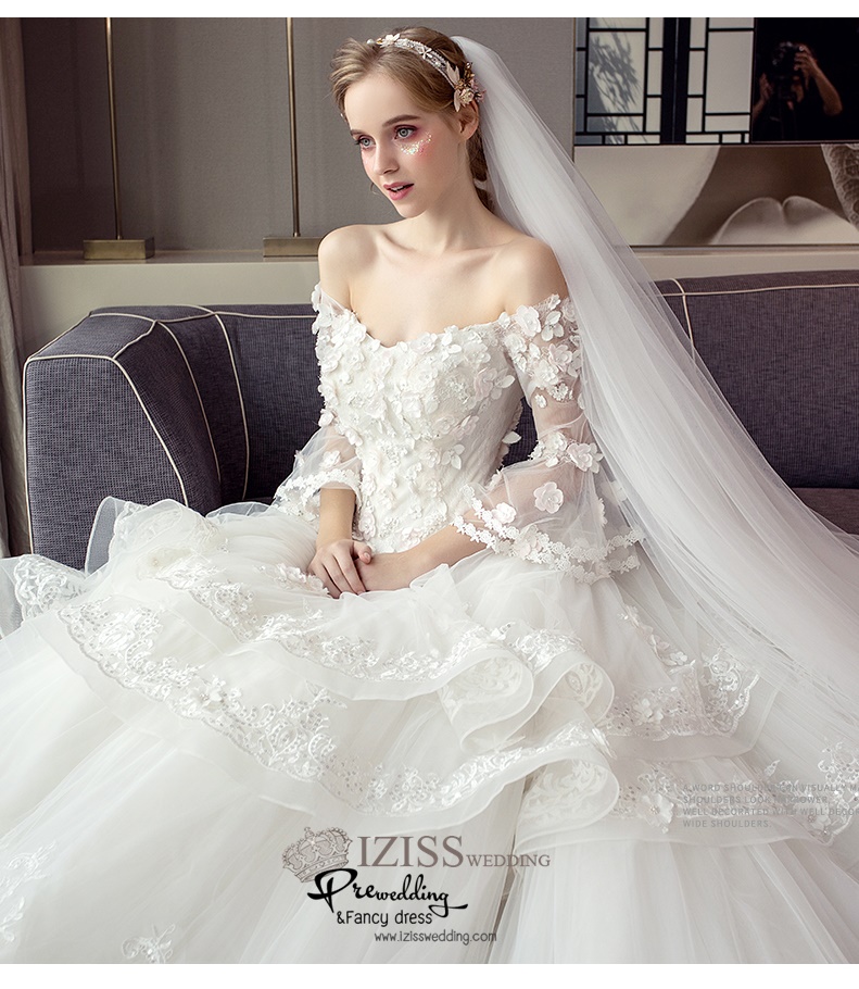 BR338 **พรีออเดอร์**ชุดแต่งงาน&ชุดเจ้าสาวแบบยาวอลังการ สีขาวเกรดพรีเมี่ยม หรูหราน่ารัก สวยโดดเด่นไม่ซ้ำใคร