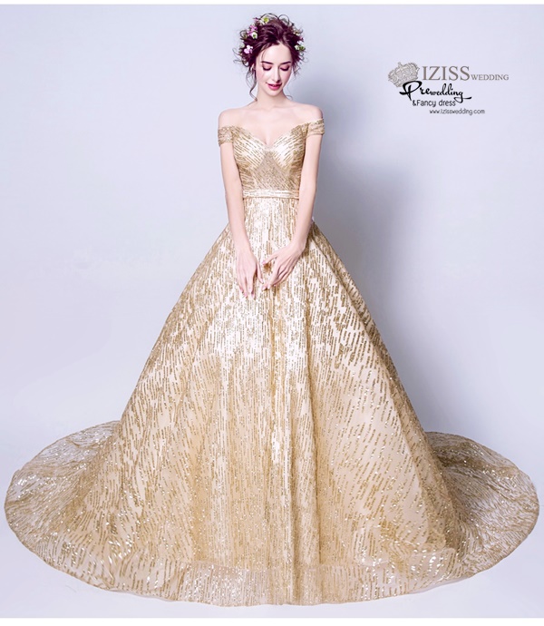 DL042 - **พรีออเดอร์** ชุดราตรี เดรสยาวออกงาน (Night party dresses) ชุดไปงานแต่งงานสวยๆ "ธีมสีทองปักเลื่อม"