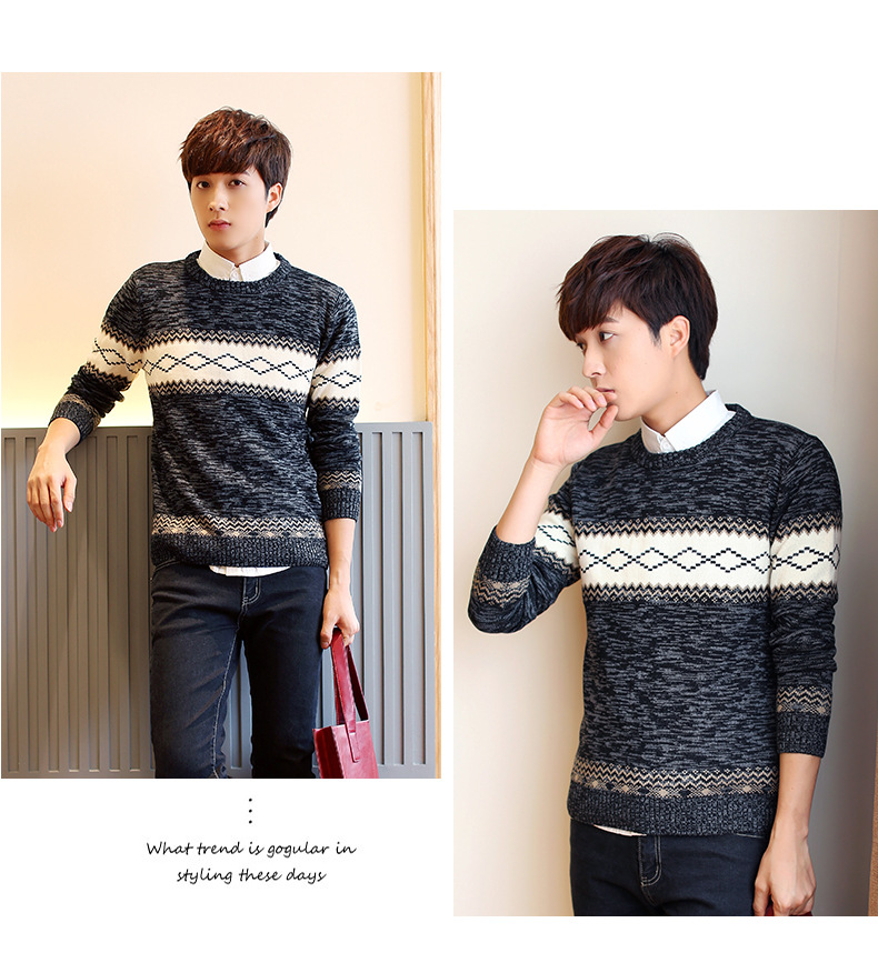 เสื้อไหมพรมผู้ชาย สีดำ ลายเท่ห์ที่ตัวเสื้อ คอกลม แขนยาว สเวตเตอร์ผู้ชาย ผ้าหนา ยืดหยุ่นได้ดี ใส่กันหนาว ใส่ไปเที่ยวต่างประเทศได้ ใส่เดี่ยวหรือทับด้วยโค้ท