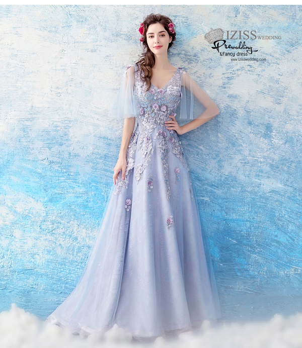 DL069 - **พรีออเดอร์** ชุดราตรี เดรสยาวออกงาน (Night party dresses) ชุดไปงานแต่งงานสวยๆ "ธีมสีฟ้าแต่งดอก 3D"