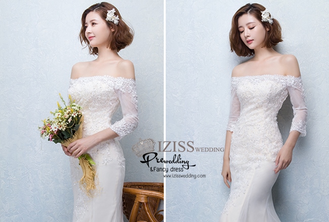 BR120 **พรีออเดอร์**ชุดแต่งงาน&ชุดเจ้าสาวแบบยาวสีขาวเบจเกรดพรีเมี่ยม เปิดไหล่ มีแขน หรูหราน่ารัก สวยโดดเด่นไม่ซ้ำใคร