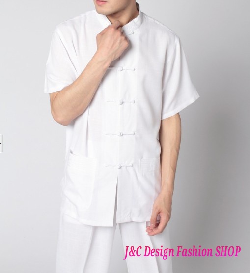 เสื้อผ้าไทยชายสีขาวแขนสั้น เสื้อผ้าฝ้ายชายแต่งกระดุ้มปั้นและปักผ้าแขนสั้น เสื้อผ้าพื้นเมืองชายวัยรุ่นแต่งงานปักผ้าแขนสั้น