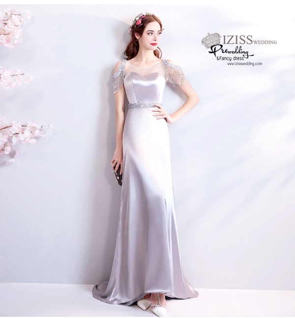 DL060 - **พรีออเดอร์** ชุดราตรี เดรสยาวออกงาน (Night party dresses) ชุดไปงานแต่งงานสวยๆ "ธีมสีเทาแต่งคริสตัล"