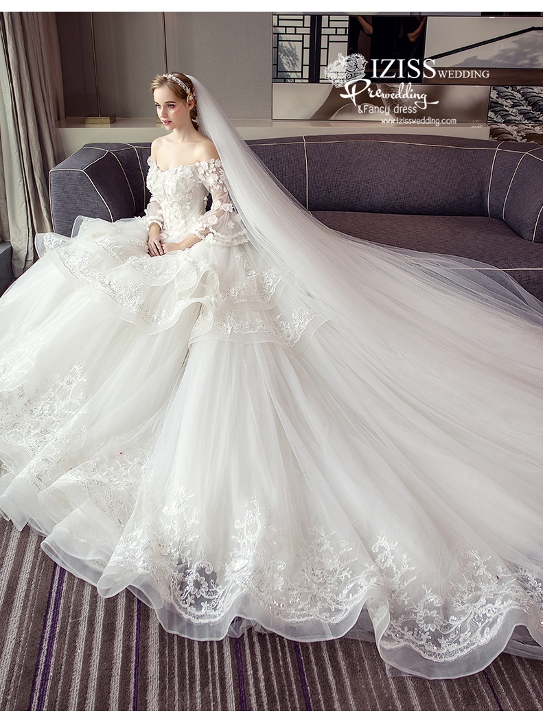 BR338 **พรีออเดอร์**ชุดแต่งงาน&ชุดเจ้าสาวแบบยาวอลังการ สีขาวเกรดพรีเมี่ยม หรูหราน่ารัก สวยโดดเด่นไม่ซ้ำใคร