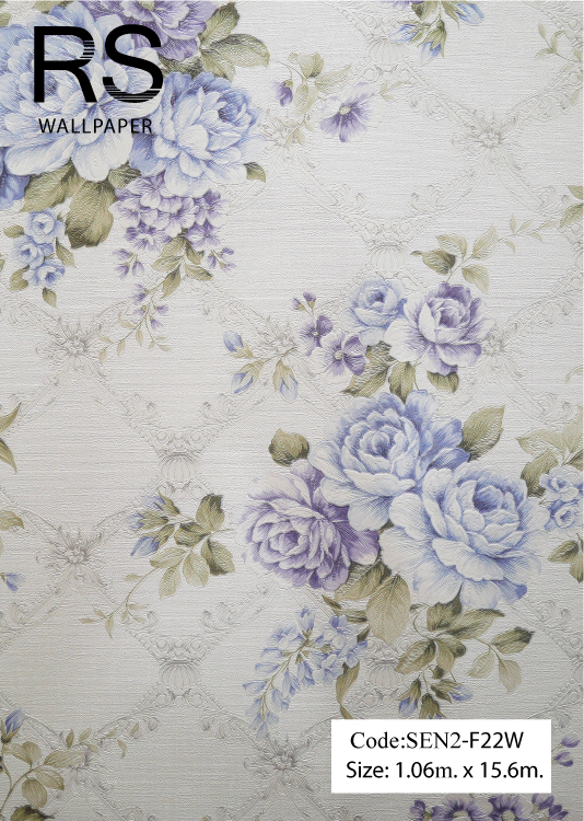 วอลเปเปอร์ลายดอกไม้พื้นเป็นตารางดอกไม้สานกันโทนสีขาวฟ้า SEN2-F22W