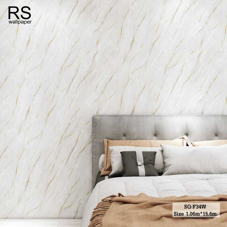 วอลเปเปอร์ ลายหินอ่อน สีเทาอ่อน แทรกเส้นแตกลายงา สีทอง SQ-F34W