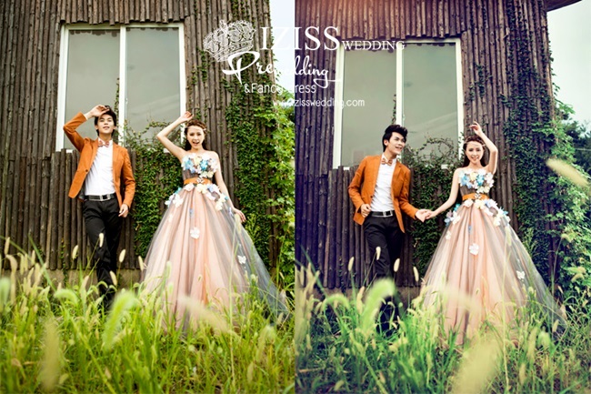 PW134 - Pre order ชุดคู่ถ่ายพรีเวดดิ้ง (prewedding dress) & ชุดแต่งงานแฟนซี (Fancy wedding dress)ชายหญิง "ธีมสีน้ำตาล-ส้ม"