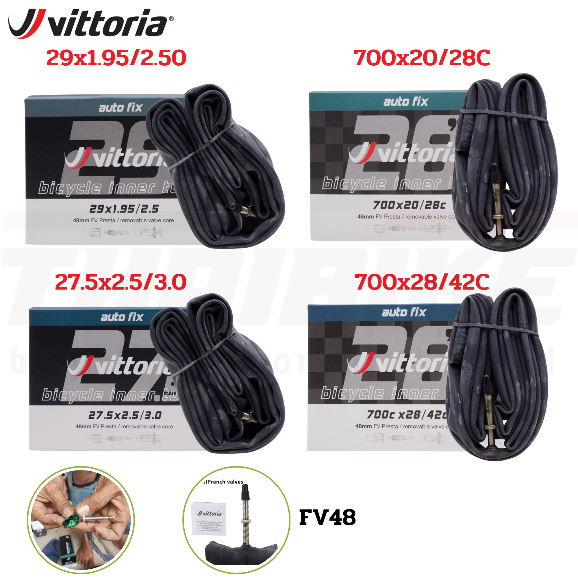 ยางในจักรยานกันรั่ว เสือหมอบ เสือภูเขาVittoria Auto Fix 700x23/28 700x28/42 27.5X1.95/2.5 29x1.95/2.5 Presta Tube FV48