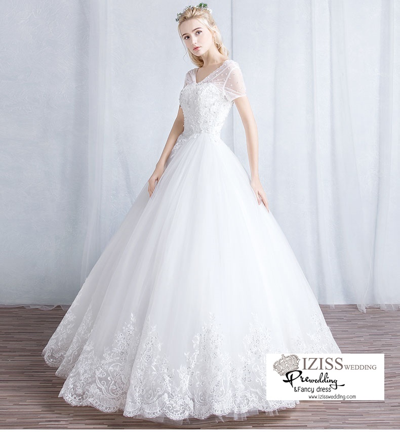 ฺBR112 **พรีออเดอร์**ชุดแต่งงาน&ชุดเจ้าสาวแบบยาวสีขาวเกรดพรีเมี่ยม แขนสั้นแต่งมุก หรูหราน่ารัก สวยโดดเด่นไม่ซ้ำใคร