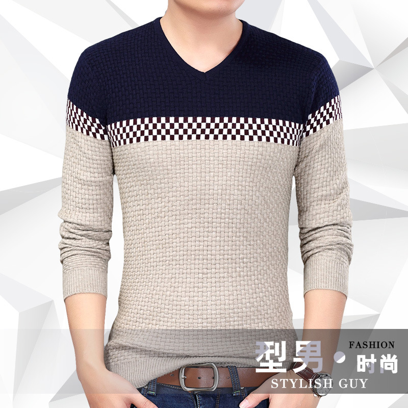 เสื้อไหมพรมผู้ชาย สีน้ำตาล คอวี แขนยาว แต่งลายเท่ห์ สเวตเตอร์ผู้ชาย ผ้ายืดหยุ่นได้ดี ใส่กันหนาว ใส่ไปเที่ยวต่างประเทศได้ ใส่เดี่ยวหรือทับด้วยโค้ทอีกที