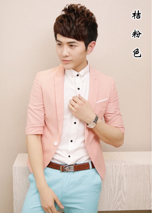 เสื้อสูทแฟชั่น พร้อมส่ง สีชมพู สไตล์หนุ่มหวาน แขน 4 ส่วน ผ่าหลัง ใส่ทำงาน ใส่เที่ยว