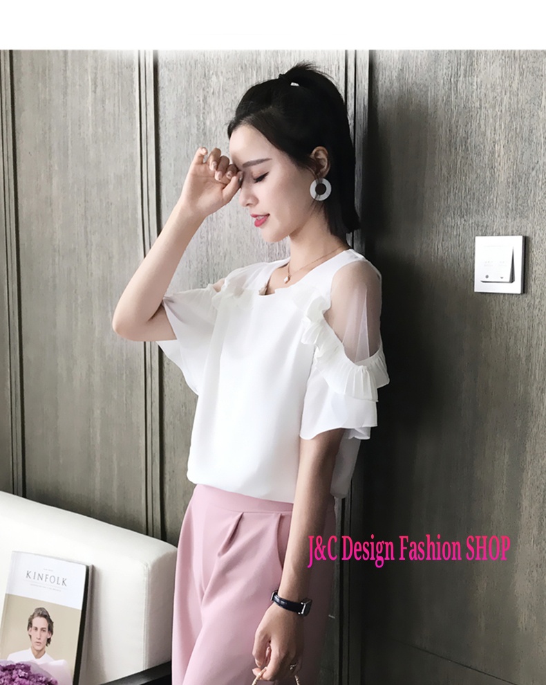 เสื้อทำงานชีฟองสีขาวแต่งป้าอัดพรีทแขนเว้าผ้ามุ้ง เสื้อชีฟองแต่งพรีทสีขาว เสื้อทำงานเกาหลีคอแต่งโบว์ เสื้อสมัครงาน ชุดสมัครงาน เสื้อใส่กับผ้าถุง เสื้อใส่กับผ้าซิ่น