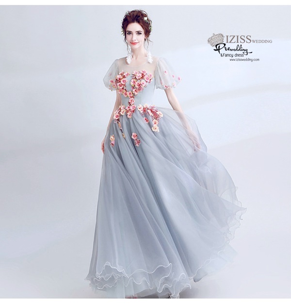 DL039 - **พรีออเดอร์** ชุดราตรี เดรสยาวออกงาน (Night party dresses) ชุดไปงานแต่งงานสวยๆ "ธีมสีเทาแต่งดอก 3D"