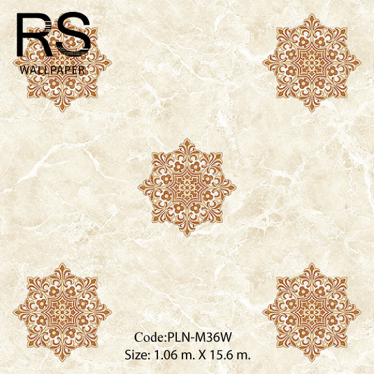 วอลเปเปอร์ลายหลุยส์สีน้ำตาลปนครีมเงาพื้นลายหินอ่อนสีครีมอมขาว PLN-M36W