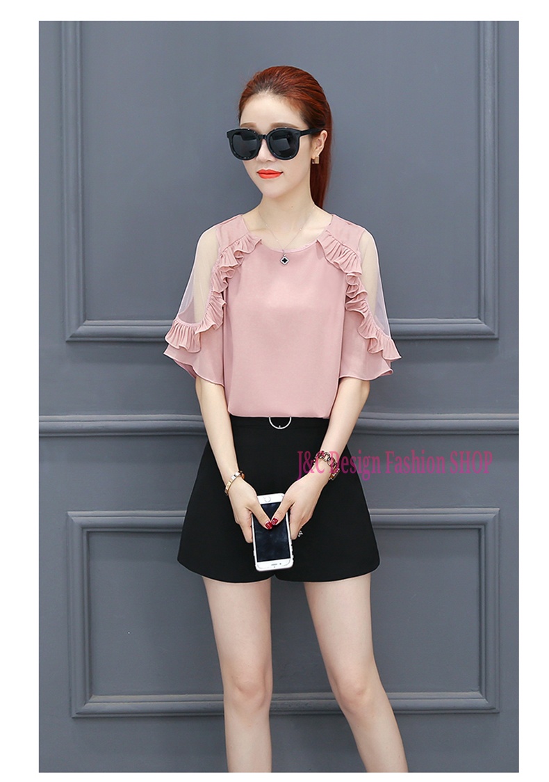 เสื้อทำงานชีฟองสีชมพูกระปิแต่งผ้าอัดพรีทแขนเว้าผ้ามุ้ง เสื้อชีฟองแต่งพรีทสีชมพูกระปิ เสื้อทำงานเกาหลีคอแต่งโบว์ เสื้อสมัครงาน ชุดสมัครงาน เสื้อใส่กับผ้าถุง เสื้อใส่กับผ้าซิ่น