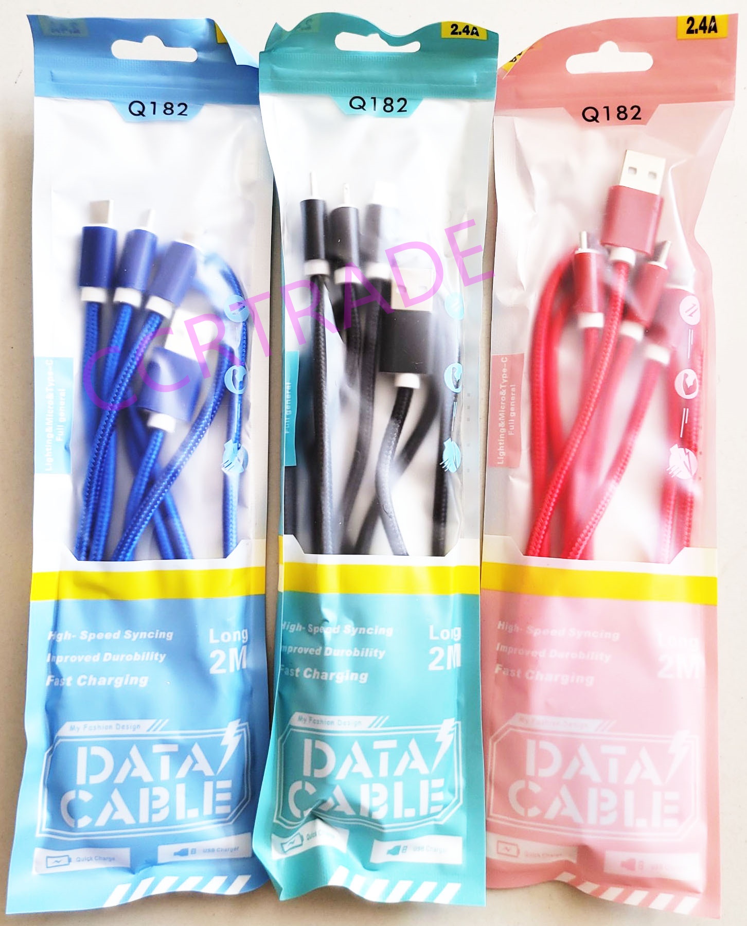 สายชาร์ทสีสด 3 หัวถุงซิป 2 ม.