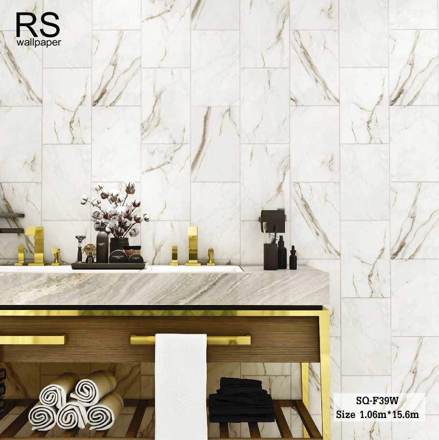 วอลเปเปอร์ ลายกระเบื้องหินอ่อน สีเทาอ่อน ปนลายงานสีทอง SQ-F39W