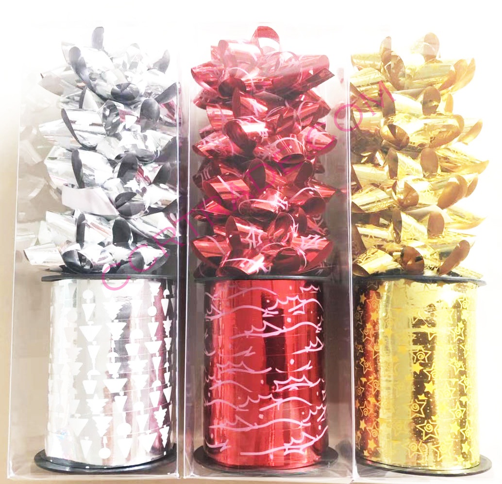 ชุดโบว์ดอก 4 ชิ้น+ริ้บบิ้นม้วนกล่อง(สะท้อนเงา) 15.5 ซม.