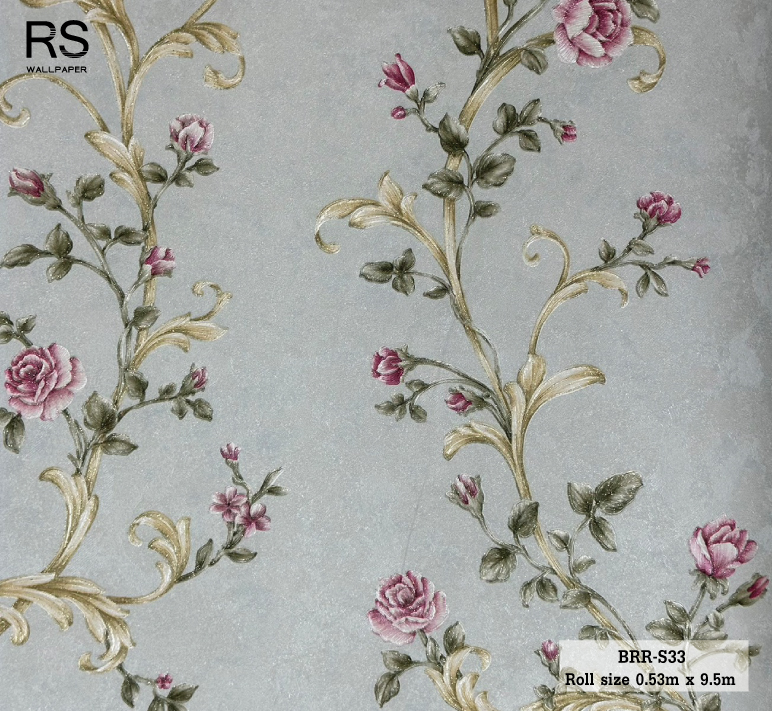 วอลเปเปอร์ ลายดอกไม้วินเทจสีชมพู พื้นสีเขียวอ่อนอมเทา BRR-S33