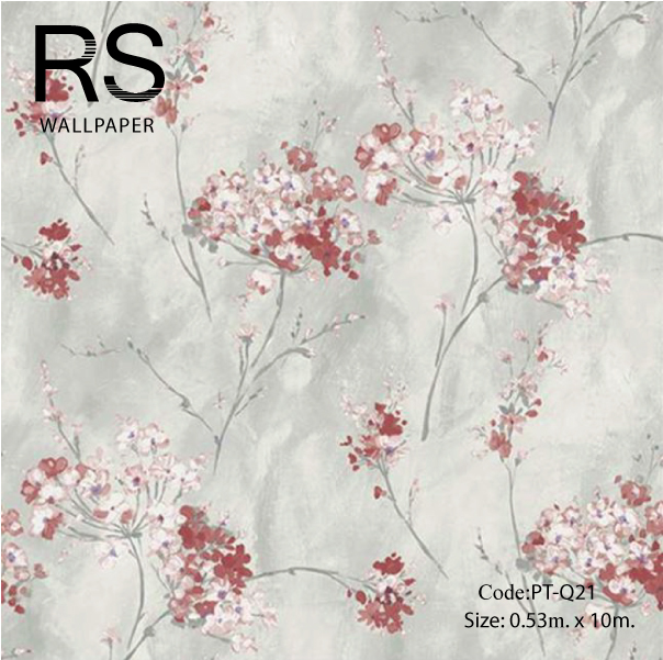 วอลเปเปอร์ลายดอกไม้สีแดงวาดด้วยสีน้ำมันพื้นสีเขียวอ่อนแกมทอง PT-Q21