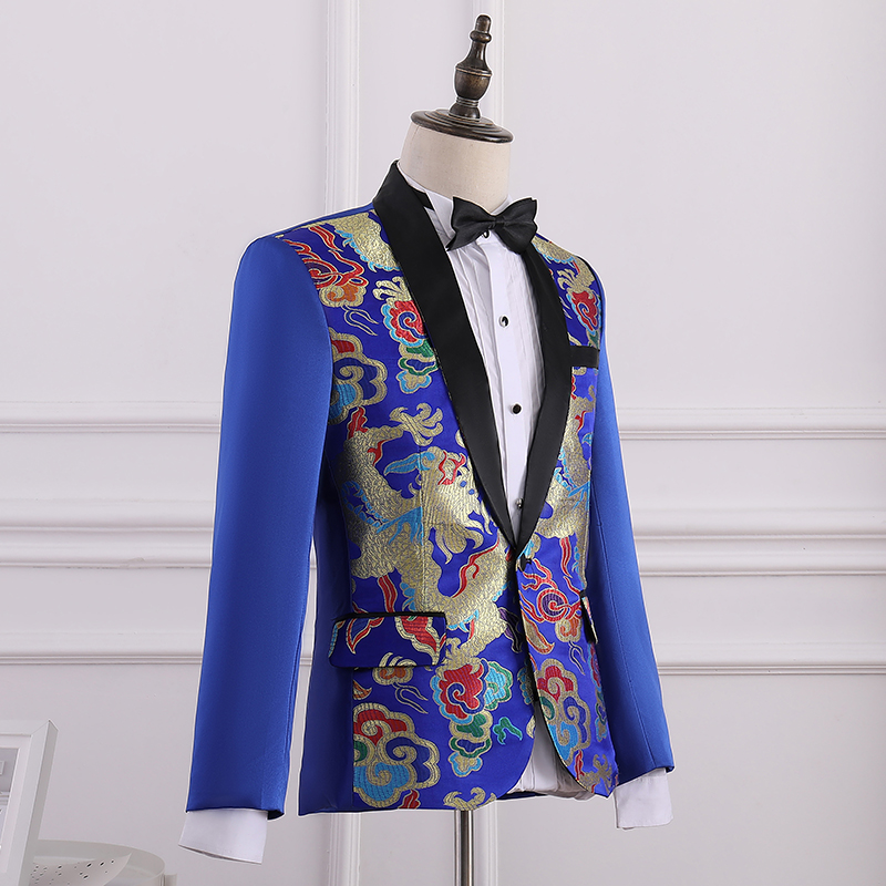 ST125- **พรีออเดอร์**สูทจีนสีน้ำเงินลายมังกร ตัดสีดำช่วงคอ แขนยาว พร้อมกางเกงสีดำ ชุดสูทเจ้าบ่าว สูทแฟนซี ถ่ายพรีเวดดิ้ง & ชุดแต่งงานแฟนซี (Fancy wedding dress) สูทจีนสีเหลืองลายมังกร